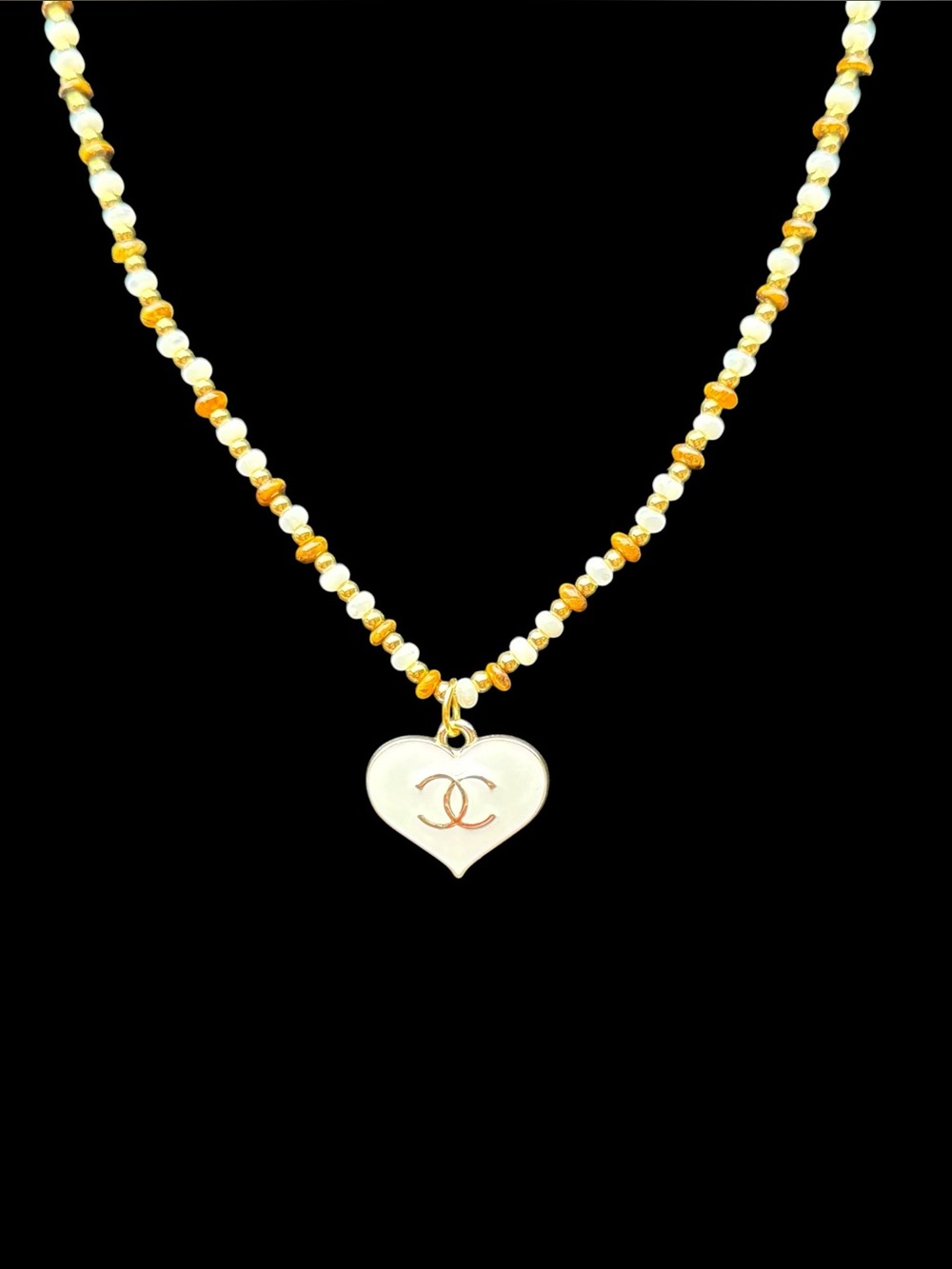 Upcycled Heart Pendant Beaded Necklace in White, Gold and Brown - Women Jewelry